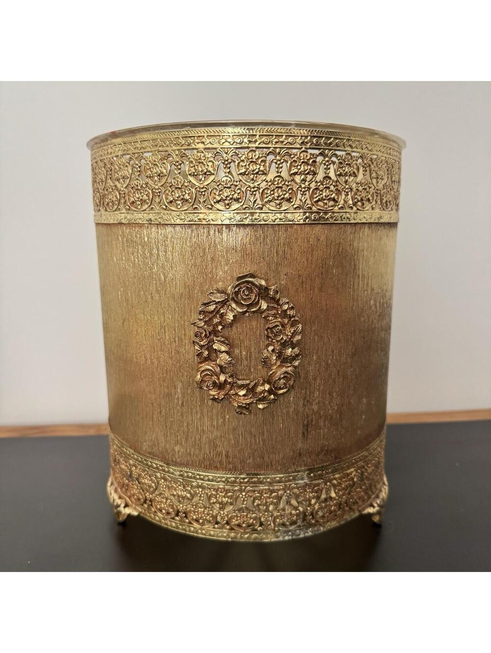 Vintage Matson Gold Filigree Rose Wreath Wastebasket Hollywood Regency 10"